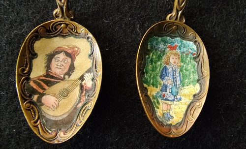 Vintage Pair Gold Tone Enamel Czechoslovakia Spoons Hand Painted Victorian Scene