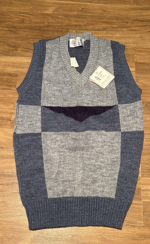 London Fog, Vintage London Fog Wool Blend Sweater Vest Blue Grey Knit V-Neck Mens USA