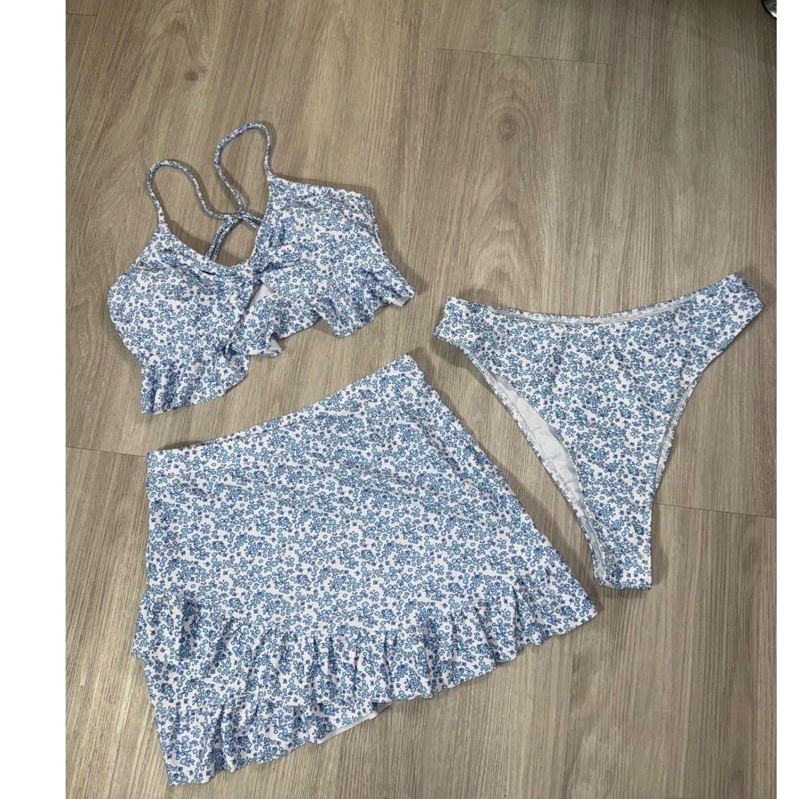 Blue Floral 3 Piece Bikini Set with Ruffle Top Bottoms and Swim Skirt Mixed Size
