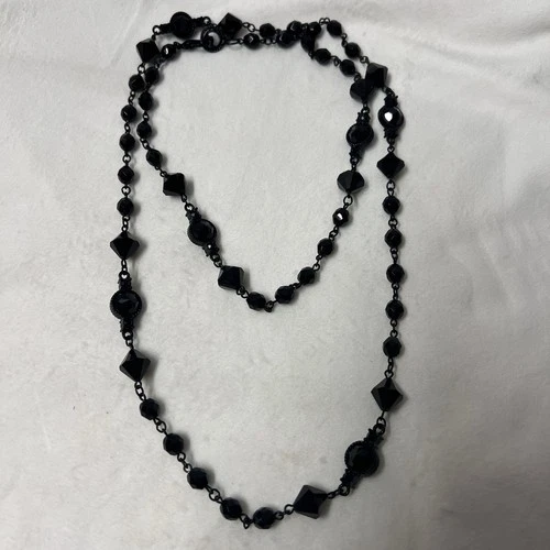 Vintage Costume Jewelry High Quality Black Beads Rhinestones Chain 41”