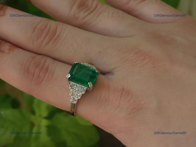 4,21 kt natürlicher grüner Smaragd & Diamant Verlobungsring 14 kt Weißgold el...