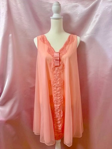 Vintage 1970s Sears Lace Lingerie Babydoll Dress USA Sheer Bow
