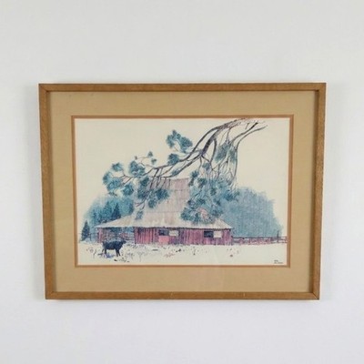 Original Earl Thollander Watercolor Painting Rustic Barn Scene Barnwood Frame