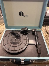 Blue Portable Turntable 1 by One - Built in Speakers, Wall Cord - Tested