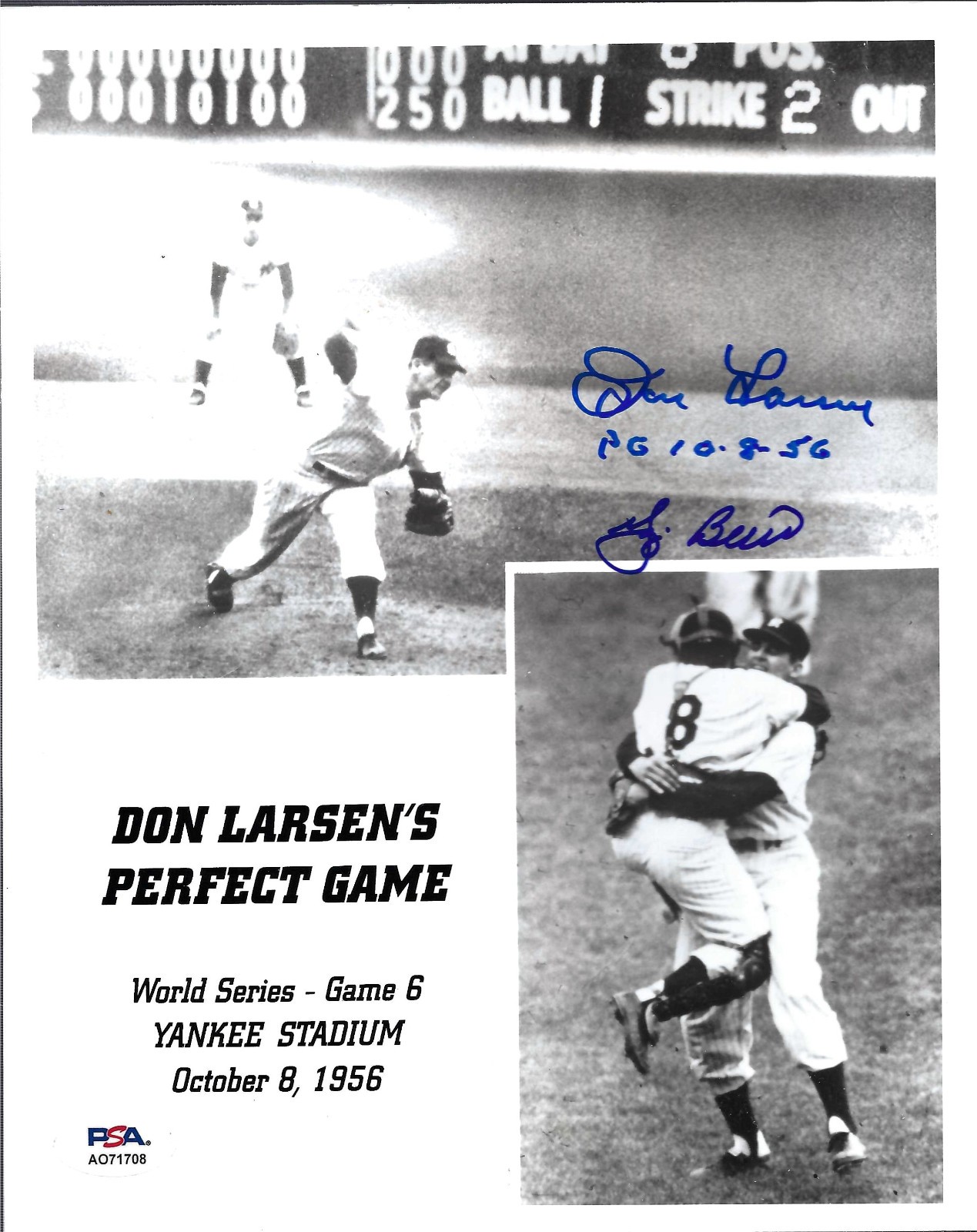 Yogi Berra Autographed Signed Don Larsen Perfect Game 8X10 Photo Auto (PSA) 
