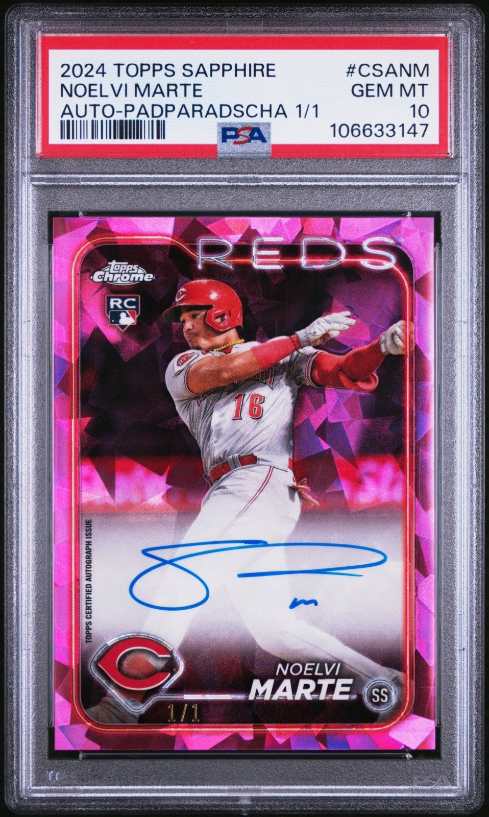 2024 Topps Chrome Sapphire Autographs Noelvi Marte Padparadscha 1/1 PSA 10