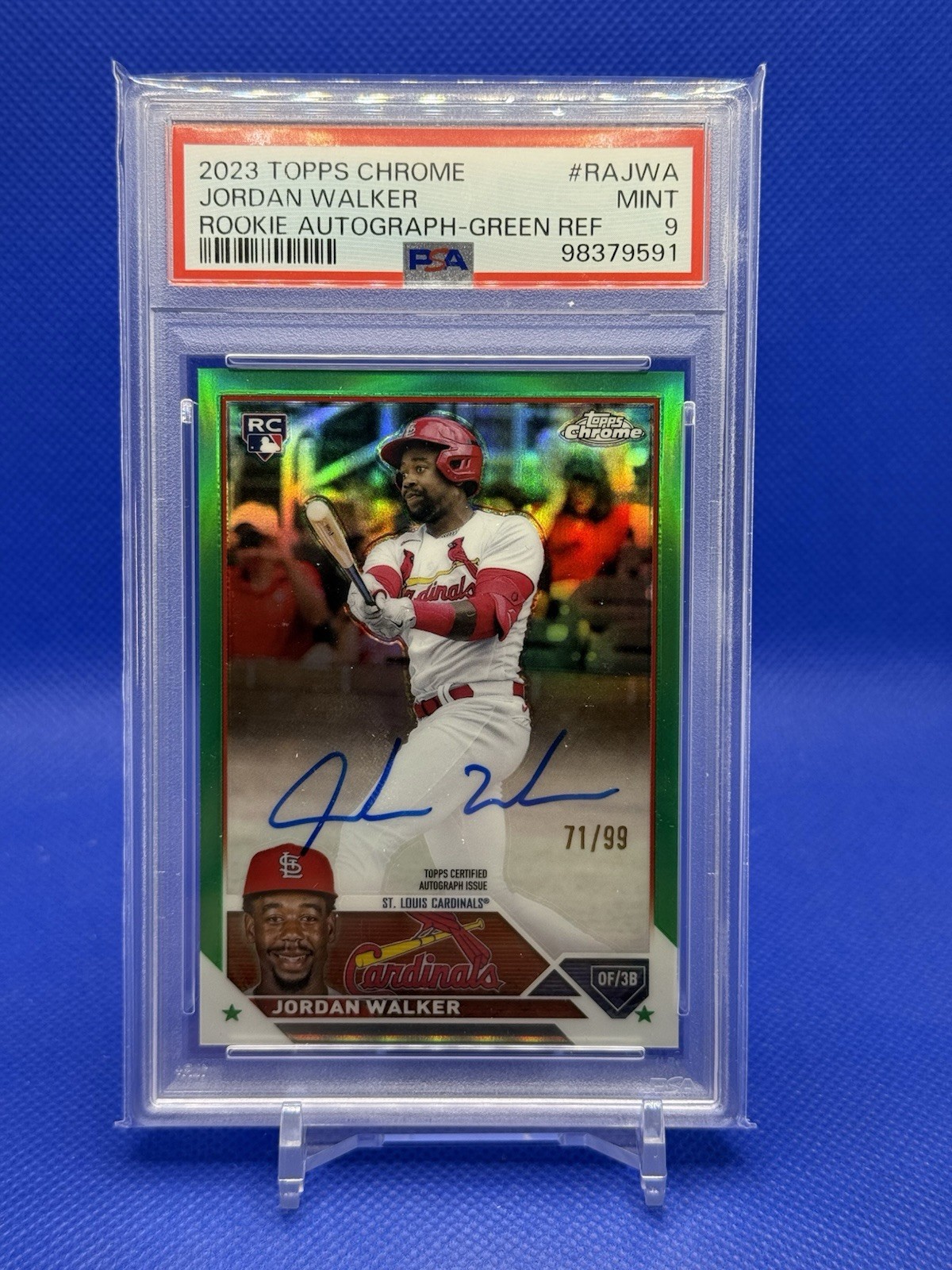 Jordan Walker 2023 Topps Chrome /99 Auto Green Refractor PSA 9 Rookie RC #RA-JWA
