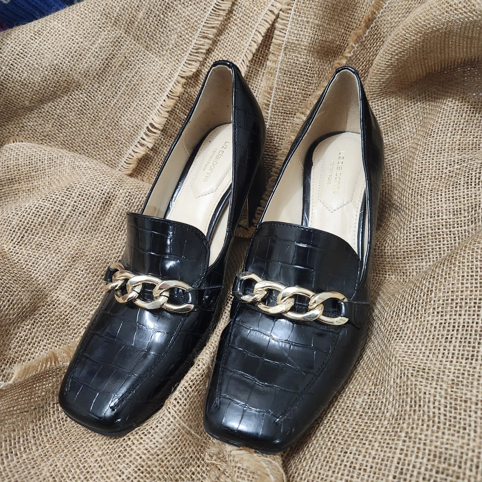 Mocasines Liz Claiborne Negro Cocodrilo Repujado Tacón Bloque 8M Cadena Dorada Puntera Cuadrada Foto 2 de 4