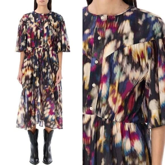 Isabel Marant Etoile NUEVO Vestido Midi Maggy Negro Acuarela Con Botones Talla S Foto 2 de 4