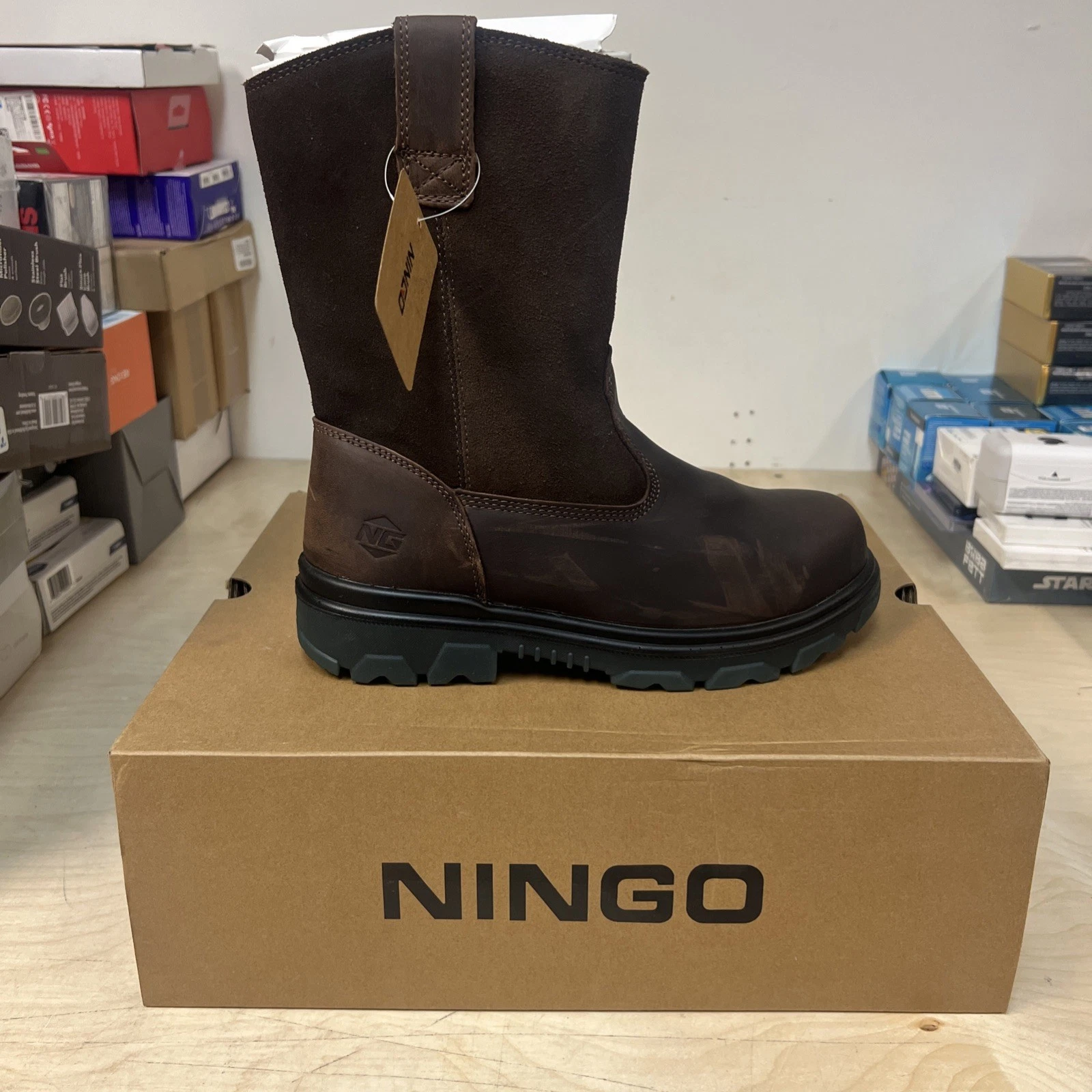 NINGO Men Wellington Work Boots Steel Toe8.5 Waterproof Grain Leather Cowboy NWT