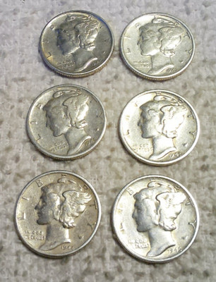 Mercury Dimes: 1940 - 1945 San Francisco --6 Coins-- (10B-169)