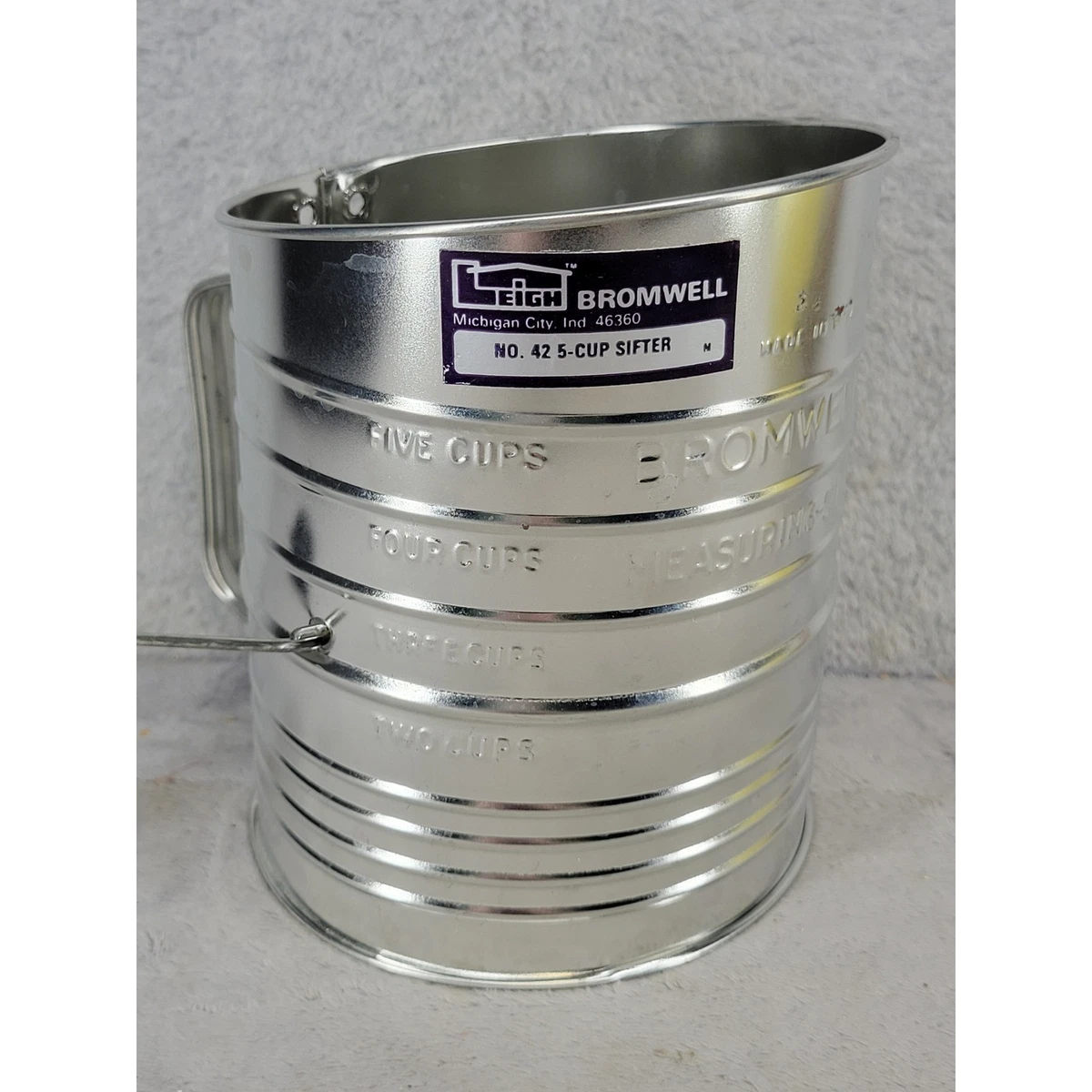 Leigh Bromwell No 42 5-Cup Flour Sifter Silver Hand Crank Vintage