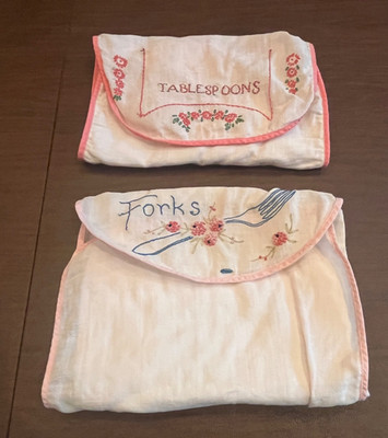 VTG Hand Embroidered Cotton 6-Compartment Silver Storage Rolls, Forks, Spoons