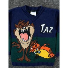 VTG 90s Space Jam Taz Sweater Kids 3T Navy Green RARE Character Looney Tunes USA