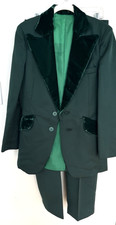 Vintage 1970s Men's Tuxedo Suit Spruce Green Gaberdine Velvet Collar Homemade
