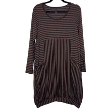 Match Point USA Size Small Brown Black Stripe Bubble Dress Pockets Lagenlook