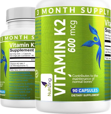 NutriZing K2 Vitamin Supplement MK-7 - High Strength 600mcg - Supports Bone and