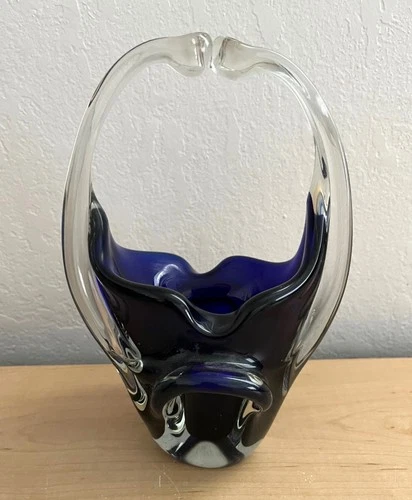 Vintage Murano Glass Cobalt Blue Hand Blown Basket 9.5" High Made in Italy