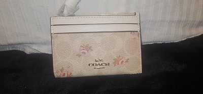 NWT coach mini skiny id card case beige with flowers roses