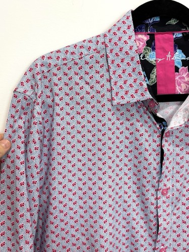 Riley Adams Mens Shirt L Blue Pink Floral Collared Button Up Formal Wedding - Picture 2 of 12