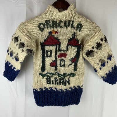 Vtg 60s 70s Dracula Bran Castle Handmade Cowichan Sweater Youth Small Loop Colar