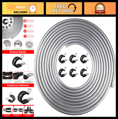 25FT 3/8'' OD Fuel Line Tubing, 3003 Aluminum, 6 Clamps for Brake & Gas Lines