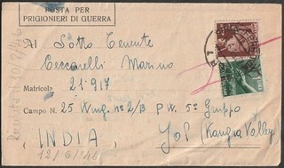 1946 12 JUN PRISONERS OF WAR MAIL FOR KANGRA VALLEY (INDIA) AFF.L.3