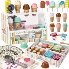 Wooden Ice Cream Toys for Kids Pretend Play Kitchen Food Toys with Scoop Menu