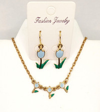 Blue Flowers Tulips 14 in. Gold Tone Chain Necklace  Pierced Earrings ... Se212
