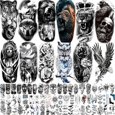 82 Sheets Temporary Tattoo Stickers, Black Skull Skeleton Fake Tattoos for Men