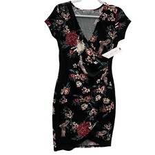 Almost Famous Dress Juniors Small Black Floral Wrap Bodycon Mini V Neck