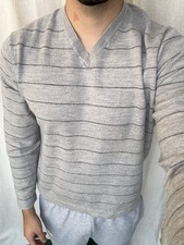 Men's Gray Striped V-Neck Pullover Sweater Long Sleeve Knit S