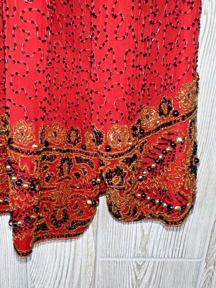 Chaqueta abierta Laurence Kazar 100 % seda pura vintage nueva con etiquetas 2XL roja y dorada con cuentas Foto 4 de 4