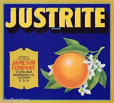 ORIGINAL 1940S ORANGE CRATE LABEL CORONA RIVERSIDE JUSTRITE JAMESON CITRUS 
