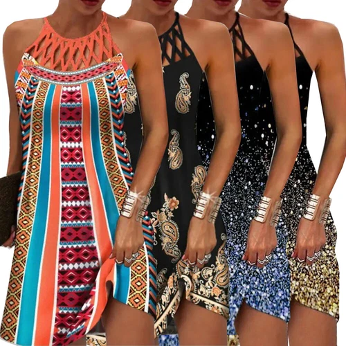 Women Dress Boho Hollow Halter Sleeveless Beach Dresses Holiday Plus Size - Bild 5 von 33