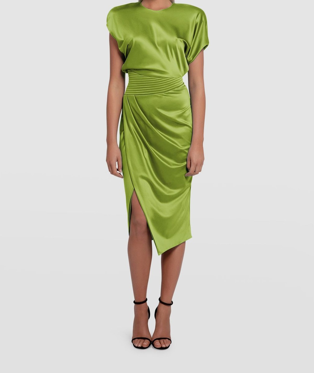Zhivago Bond Stitched-Waist Satin Midi Dress, Apple, Women's, 2, Cocktail & Party Wedding Guest Dresses Satin & Silk Dresses