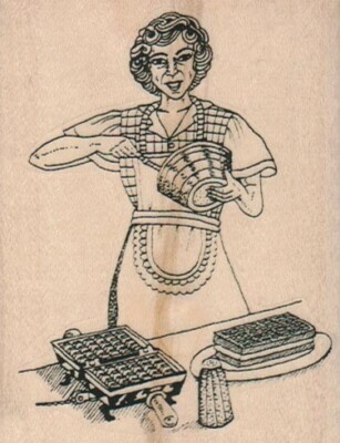 Lady Making Waffles 2 3/4 x 3 1/2'' Rubber Stamp, People Stamp, Woman Stamp