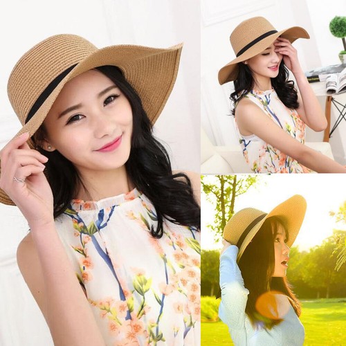 Foldable Women's Straw Beach Sun Hat Summer Vacation Travel Wide-brimmed Cap - Picture 14 of 29