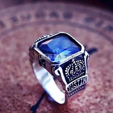 Blue Topaz Emerald Cut Gemstone With 925 Sterling Silver Ring For Men's #40