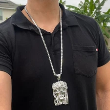 Jesus Pendant Silver Tone Iced CZ Flooded Out One Row Tennis Chain Necklace 30"