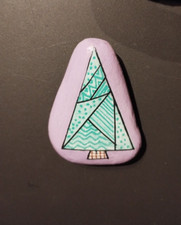 hand painted stone pebble rock abstract  geometric green Xmas tree lilac gift