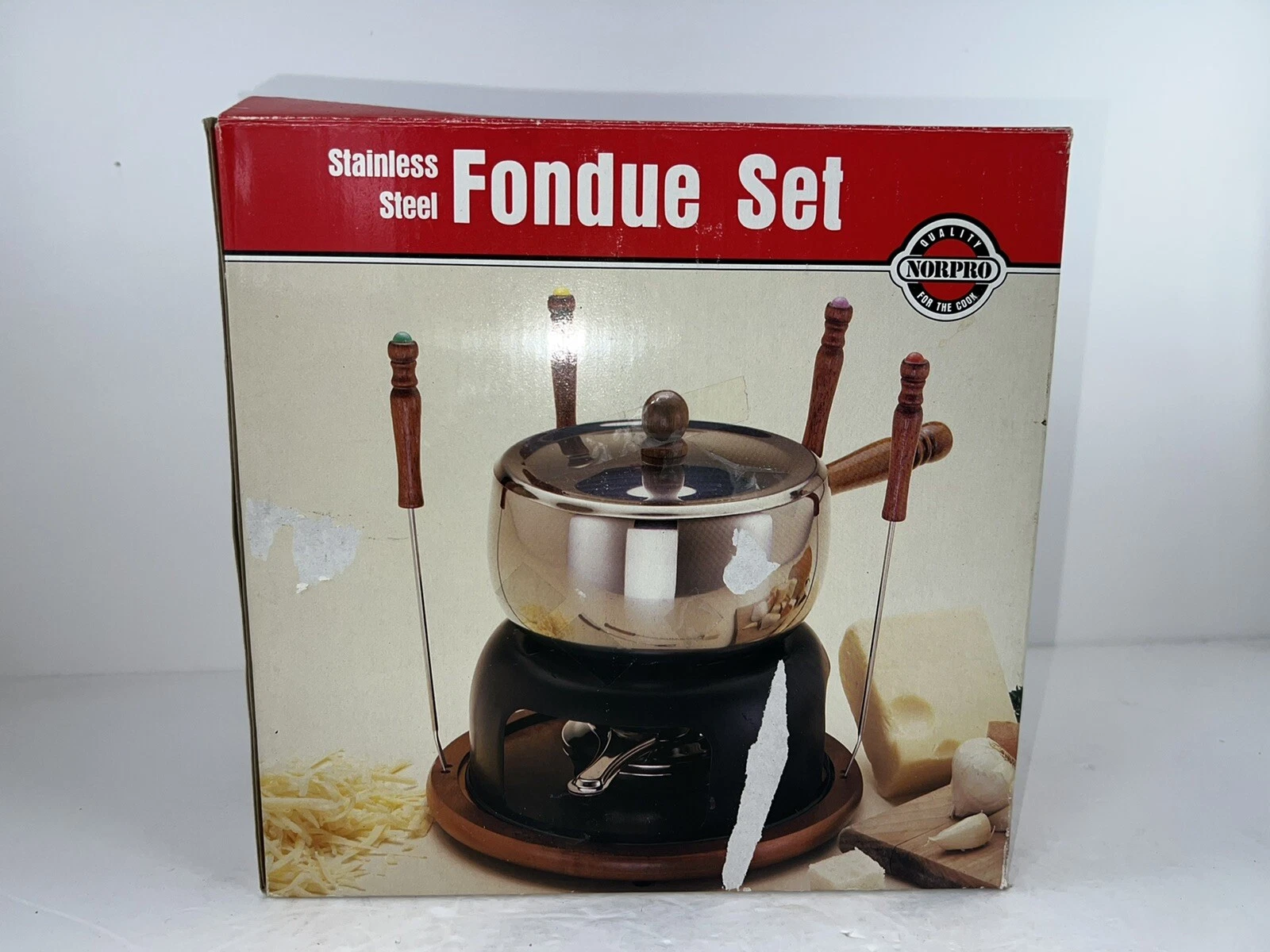 Norpro StainlessSteel Fondue Set Pot Cover Burner Metal Stand Wood Tray NO FORKS