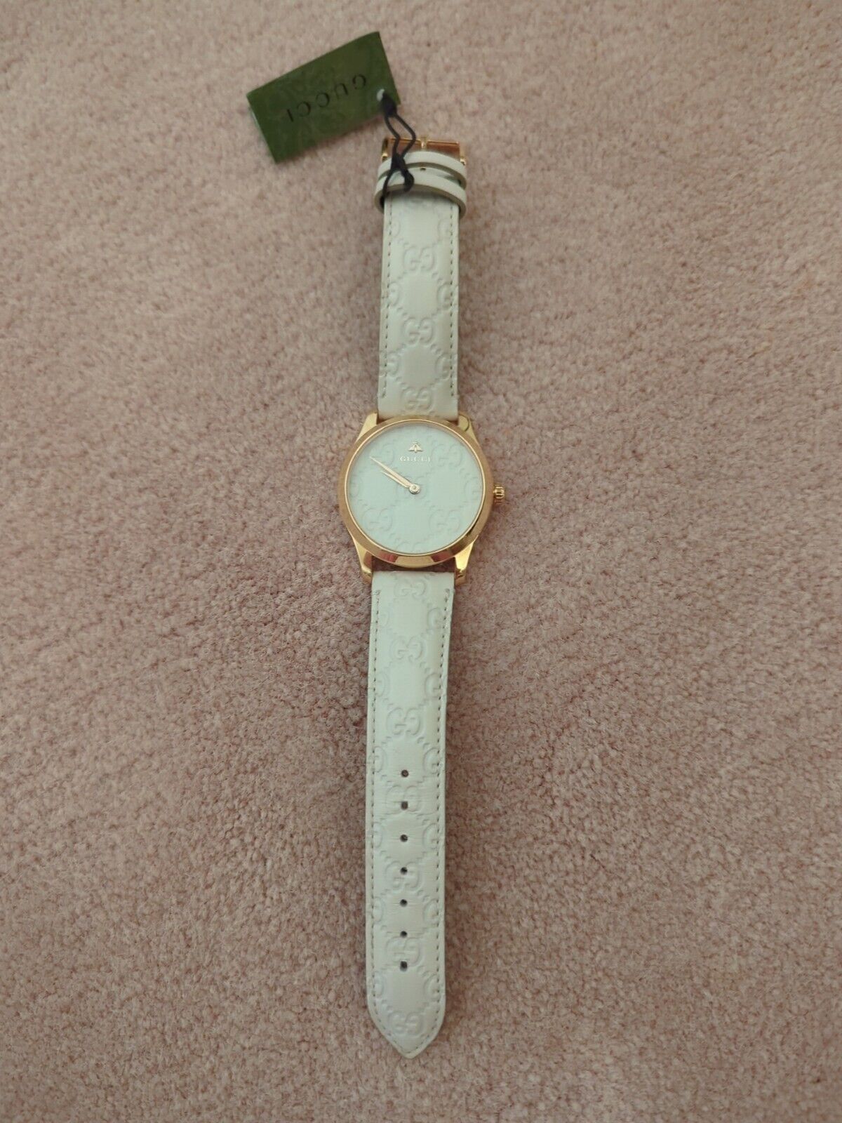 Gucci G-Timeless Quartz Gold Tone White Leather Strap Watch YA1264033