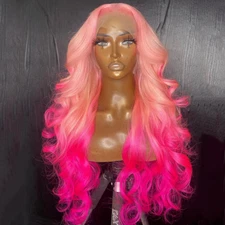 30Inch Ombre Pink Color Transparent Synthetic Lace Wig Loose Wave Highlight