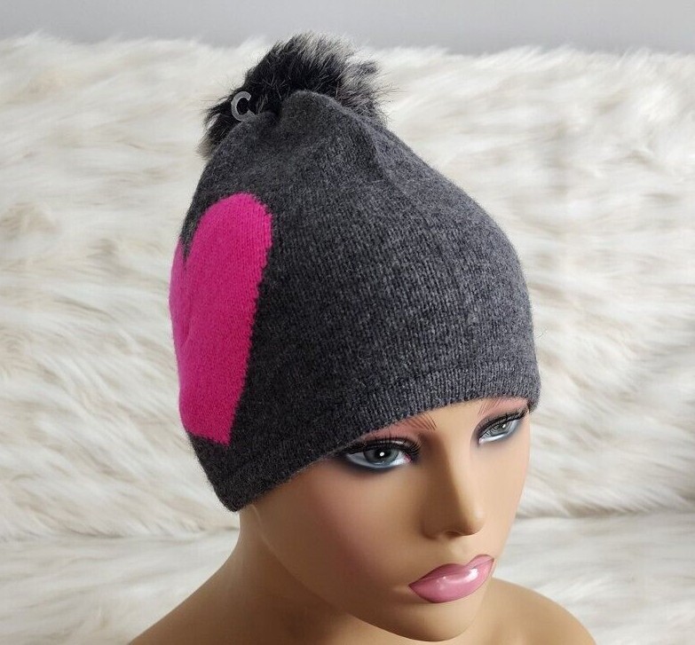 Hannah Rose Heart 100% Cashmere Beanie, Pompom, Black, Gray 