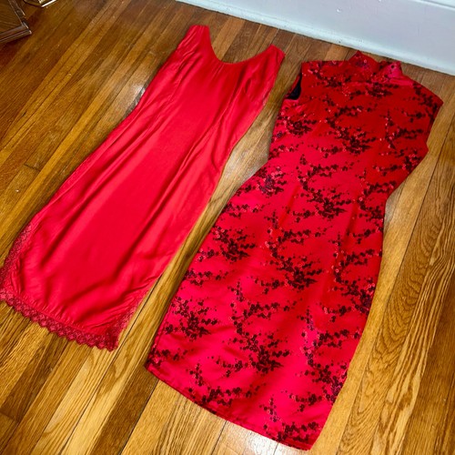 Vintage 1980s Chinese Brocade Cheongsam Dress Red/Black Satin Silk with Slip - Picture 3 of 17