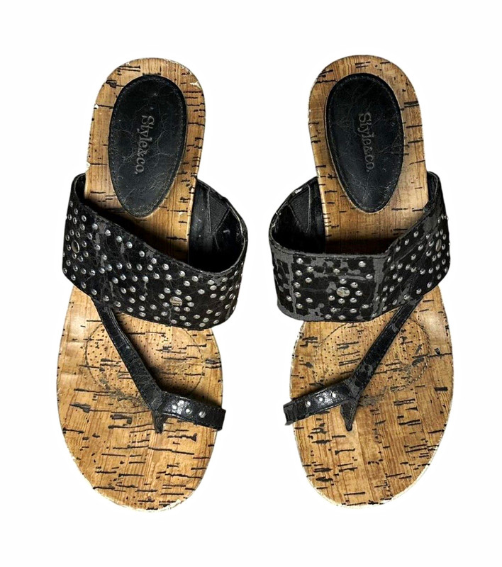Style&co. Women's Studded Thong Wedge Slip-On Leather Sandals Black/Beige 7