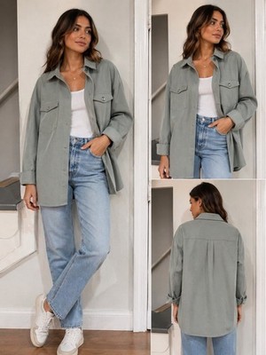 dip Sage Green Button-Up Relaxed Basic Jacket with Pockets Women's Long Sleeve M