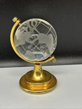 Earth Globe World Map Frosted Clear Glass on Stand Paperweight Desk 3.5"