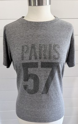 Cinq a Sept M Gray Rhinestone PARIS 57 Women's Cotton T-shirt Khloe Kylie NEW